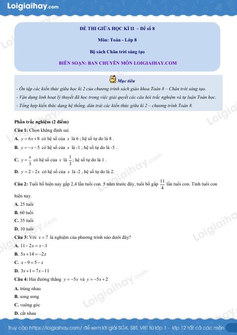 Đề thi giữa kì 2 Toán 8 - Đề số 8 - Chân trời sáng tạo